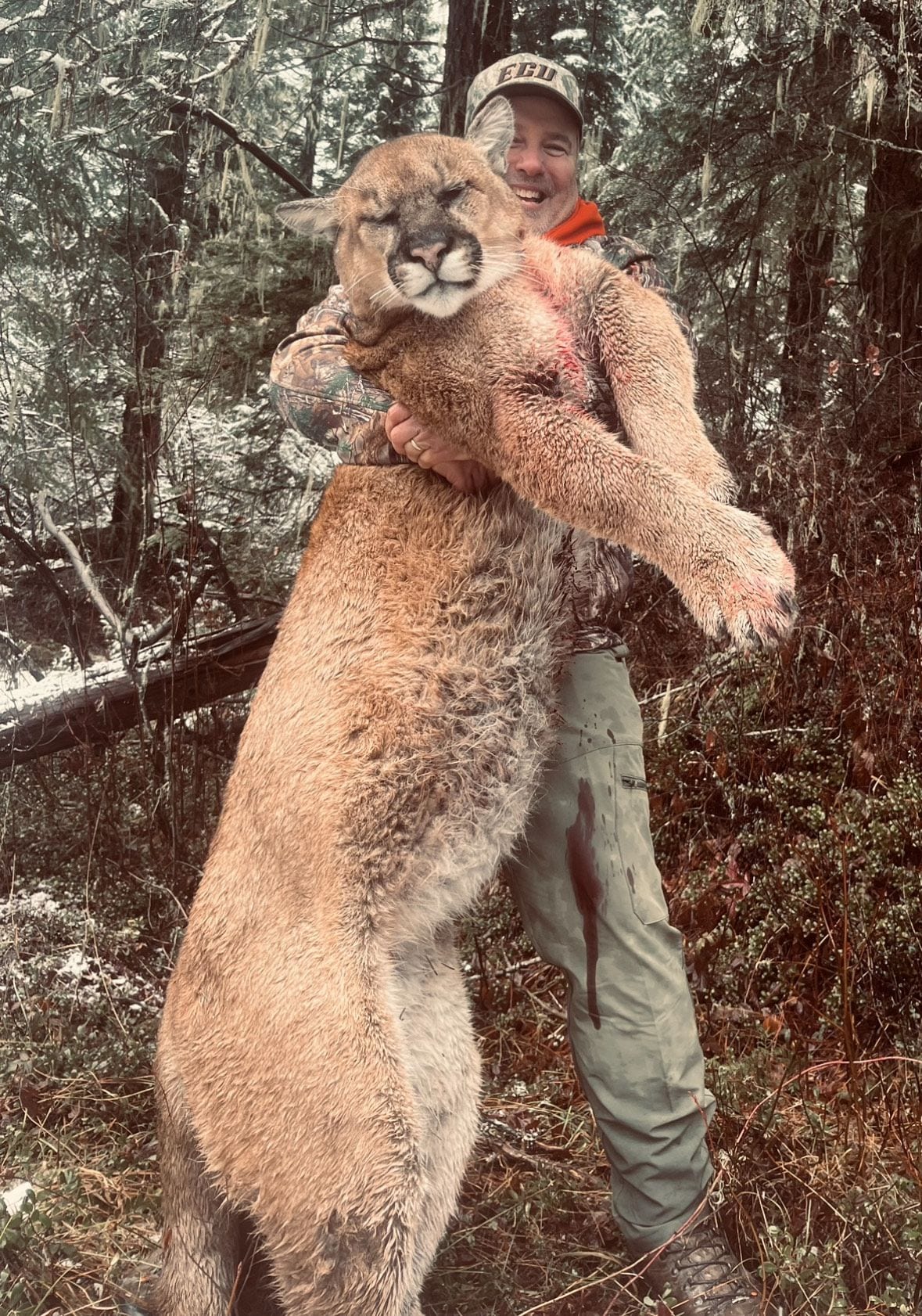 A hunter poses with a harvested mountain lion in a snowy, wooded area.