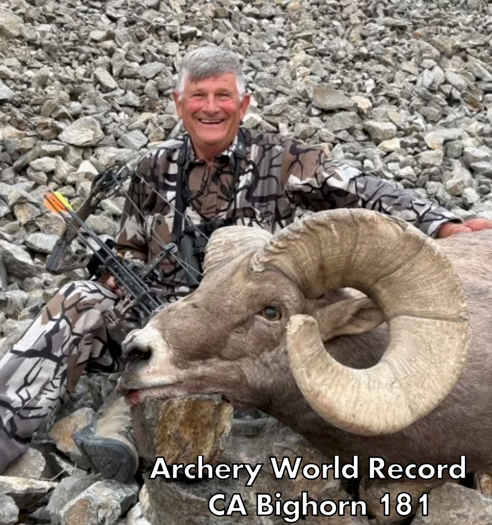 A hunter poses with a harvested Bighorn Sheep, noted as an archery world record California Bighorn 181.
