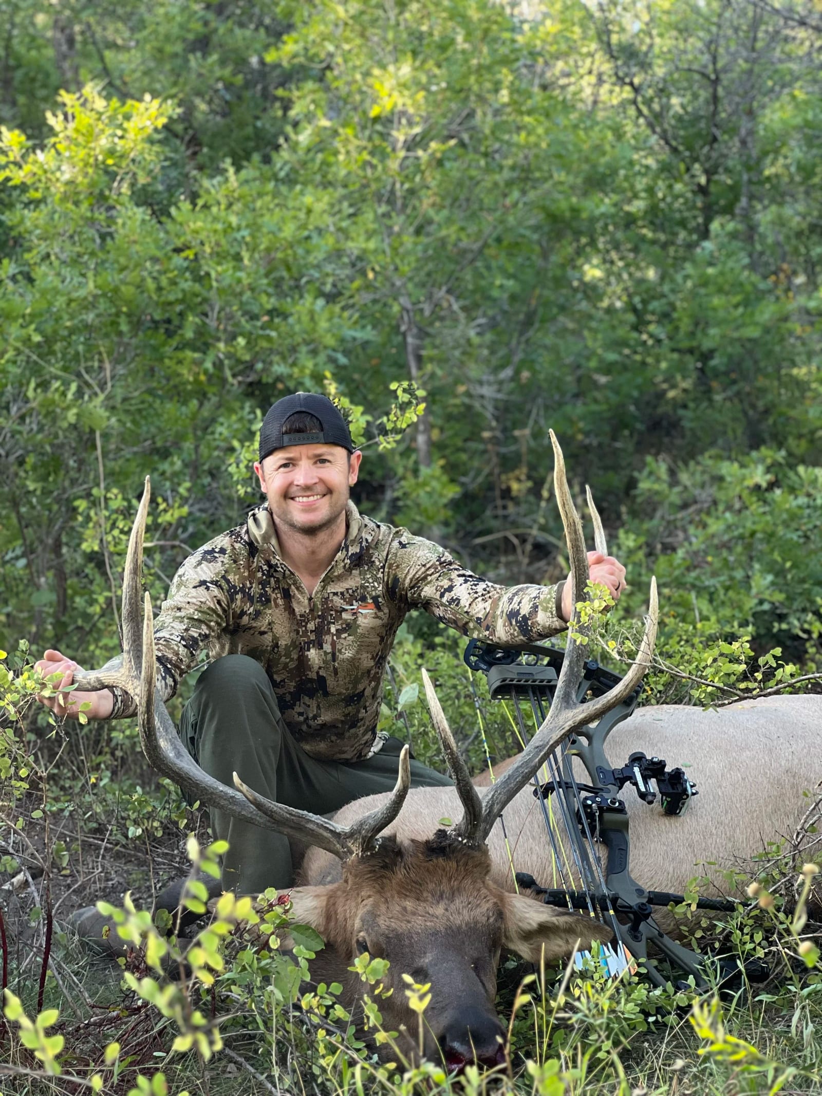 A man in camouflage clothing and a black cap kneeling beside a large elk with impressive antlers in a green forest. The man is smiling at the camera, holding small branches, with a bow lying on the ground nearby.