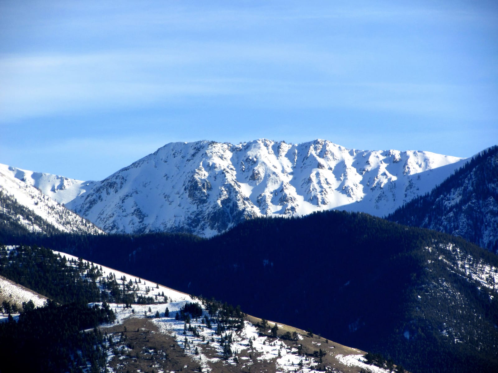 A scenic view of snow-capped mountains and forested hills under a clear blue sky.