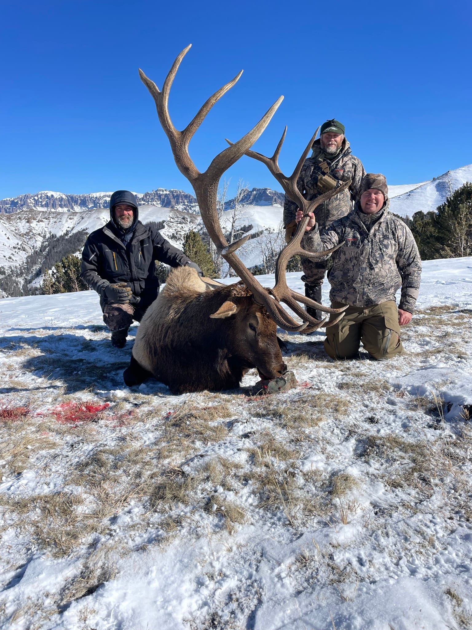 Three hunters pose with a harvested elk in a snowy, mountainous landscape.