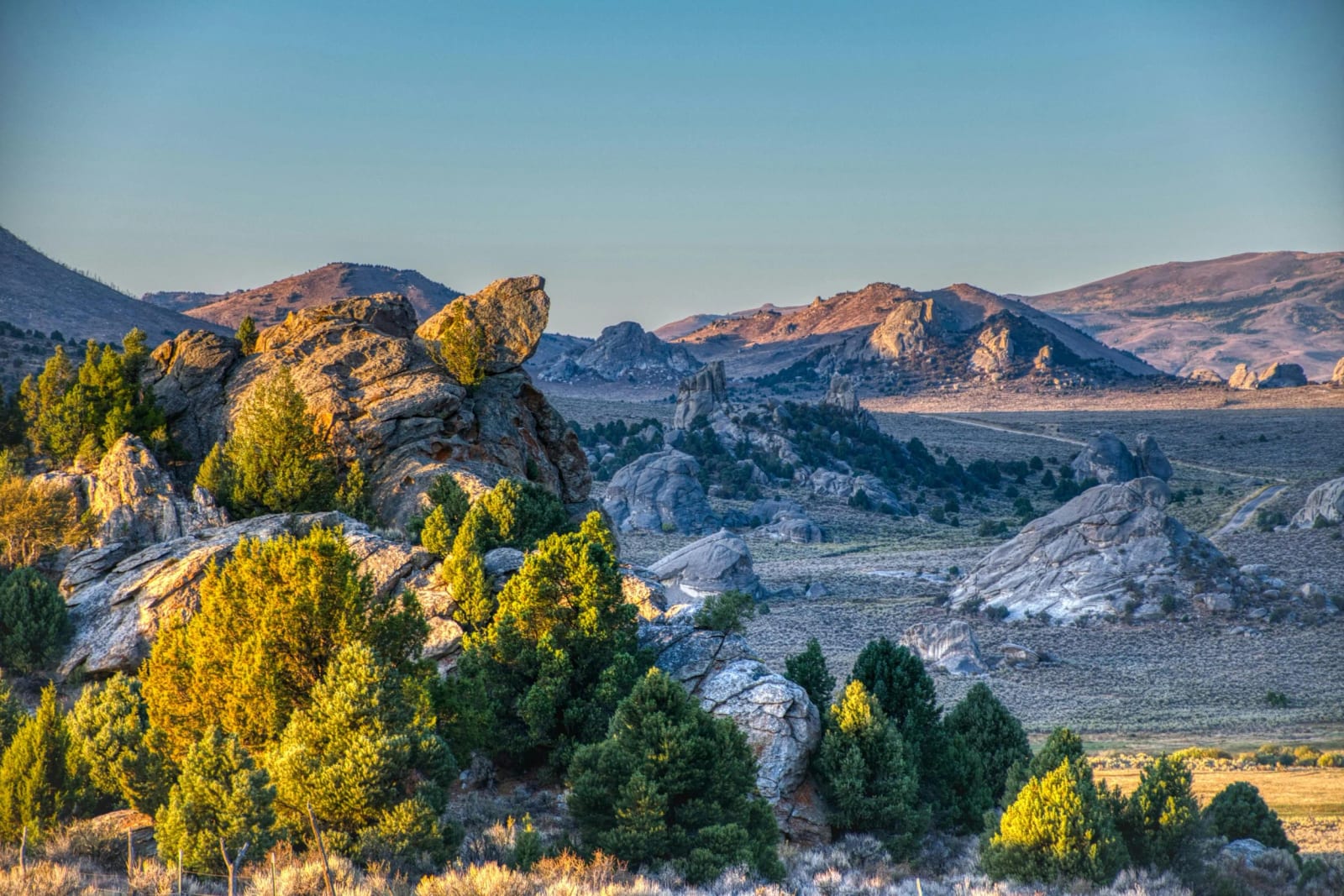 Scenic view of rocky hills and green pine trees in Idaho during golden hour, with distant mountains under a clear blue sky.