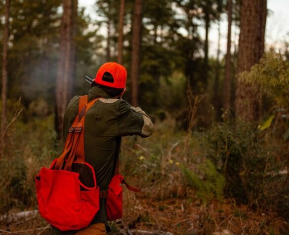 A hunting enthusiast aiming with a shotgun in a forest setting.