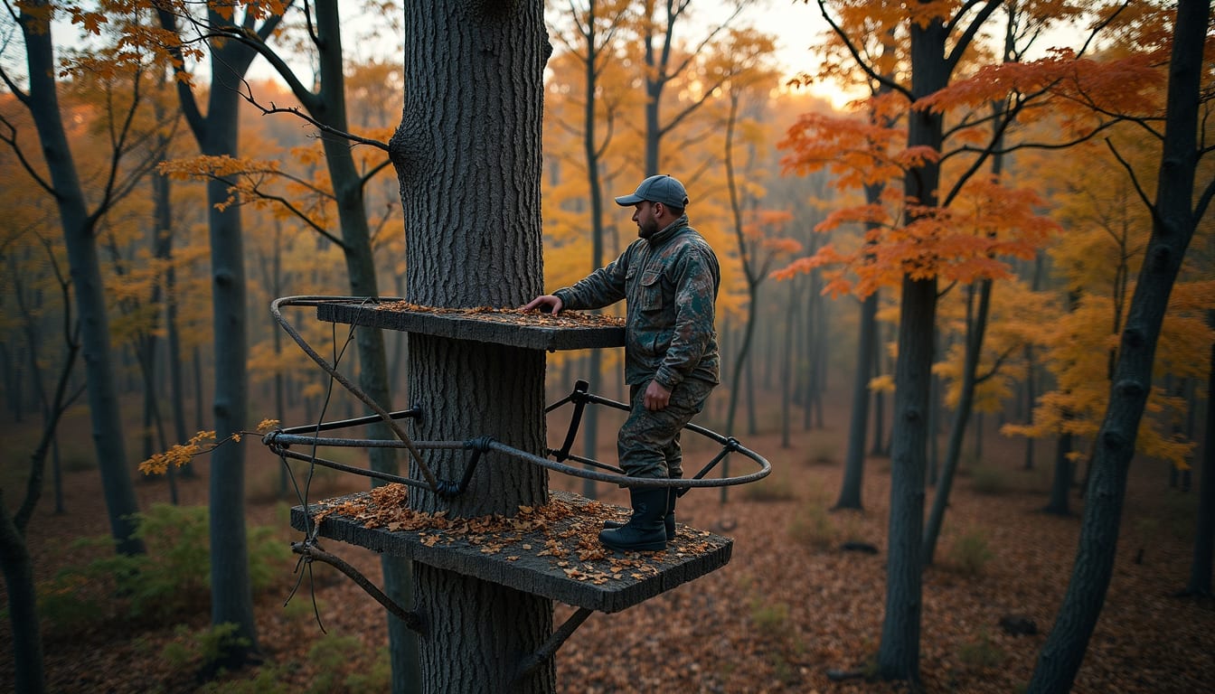 High angle view of a hunter setting up a tree stand in a Kentucky forest