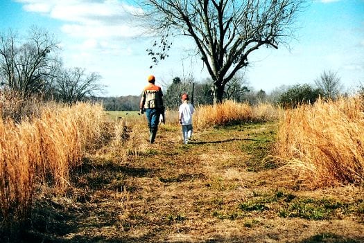 An adult and a child walk through a field with tall grass, with the adult carrying a shotgun.