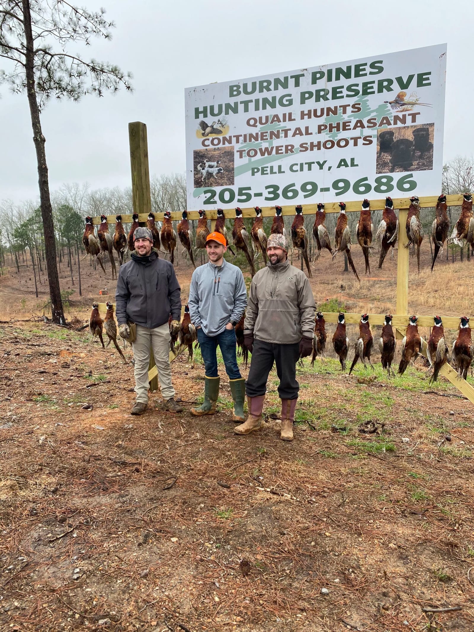 Three men stand in front of a sign and a line of mounted quail, with a background of trees and cloudy sky. The sign advertises Burnt Pines Hunting Preserve in Pell City, Alabama, specializing in quail hunts, continental pheasant, and tower shoots.