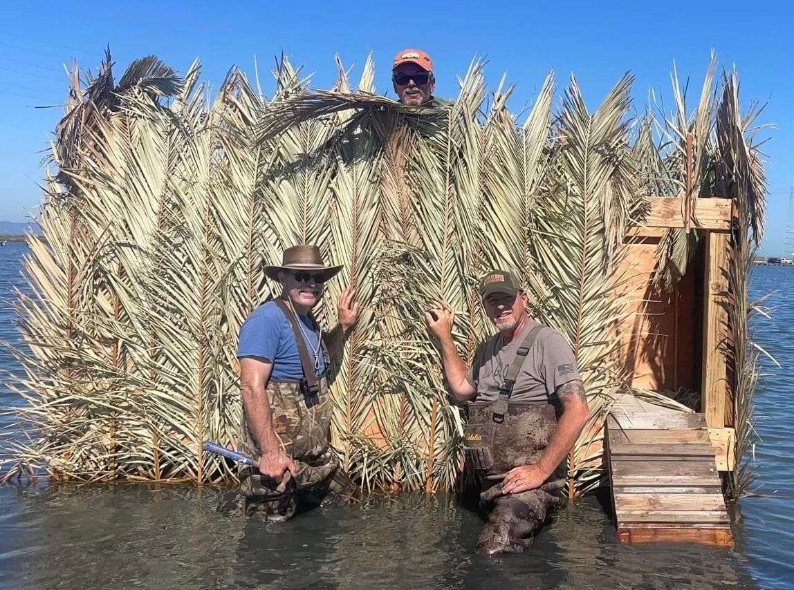 Three men in waders stand in front of a duck blind made of palm fronds in the water.