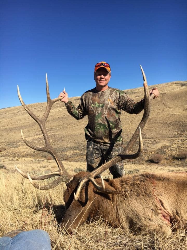 A man in camouflage poses with a harvested elk in a dry, grassy field under a clear blue sky.