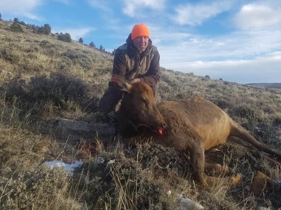 A hunter kneels next to a harvested elk on a grassy hillside under a blue sky.