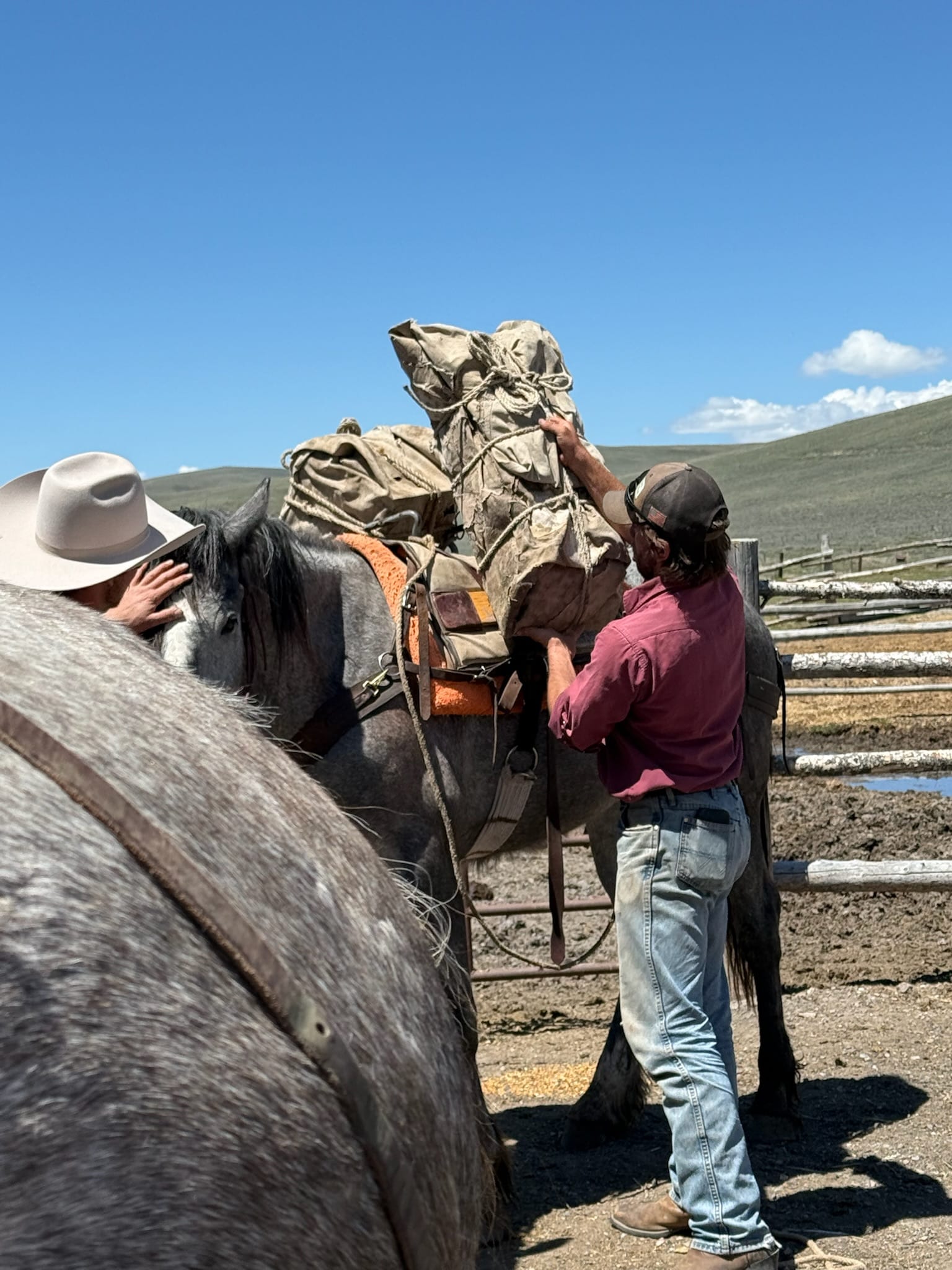 Two men pack gear onto a horse in an outdoor setting with hills and a wooden fence in the background.