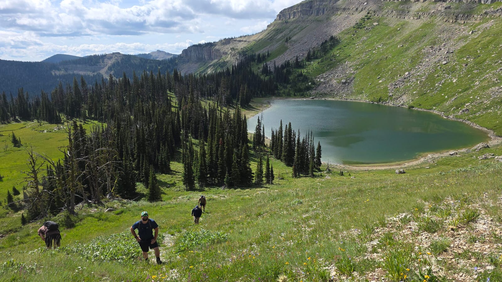 Hikers ascend a grassy slope towards a lake surrounded by pine trees and mountains under a cloudy sky.