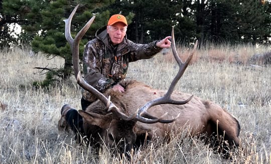 A man in camouflage and an orange hat poses with a harvested elk in a grassy field.