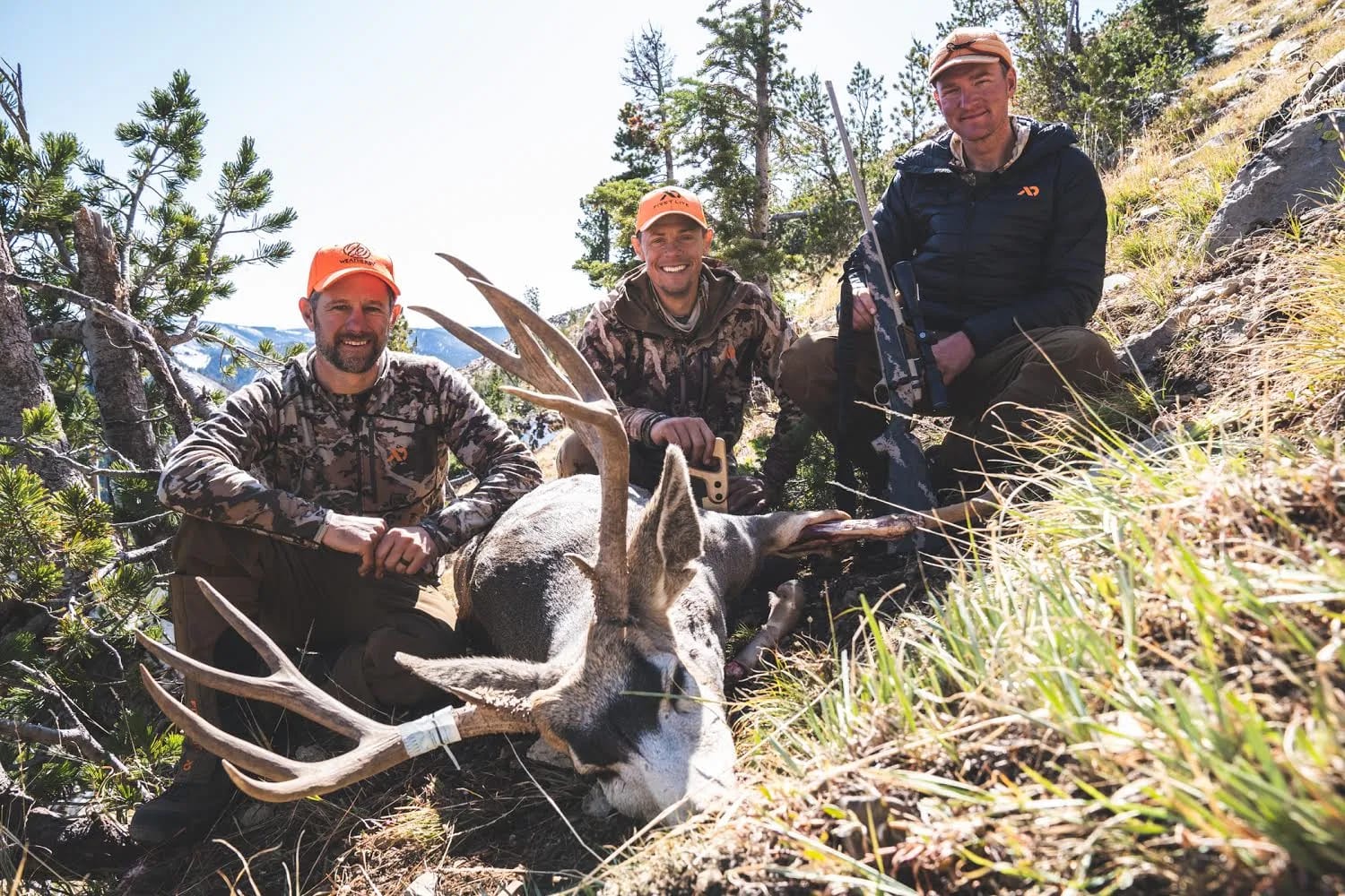 Three hunters pose with a harvested mule deer in a field.