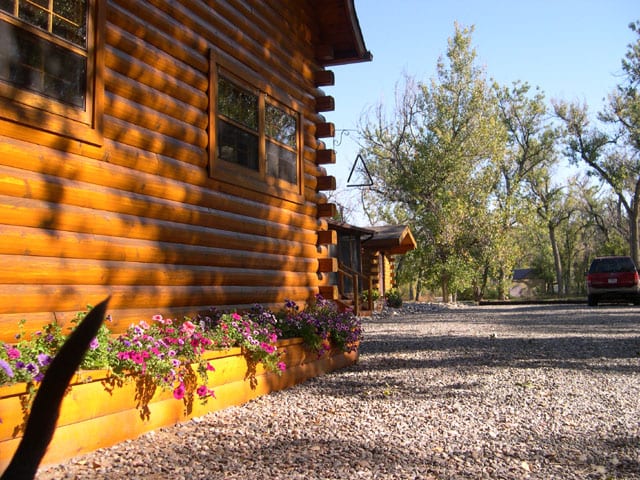 A log cabin lodge building with flower boxes and a gravel driveway.