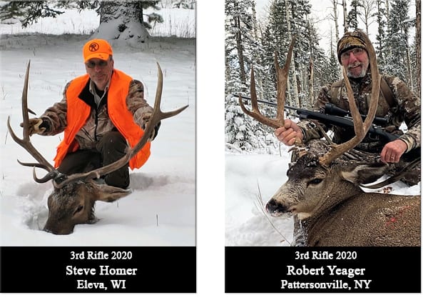 A hunter in an orange vest kneels in the snow next to a harvested mule deer.