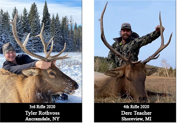 A hunter poses with a harvested elk in a snowy, forested landscape.