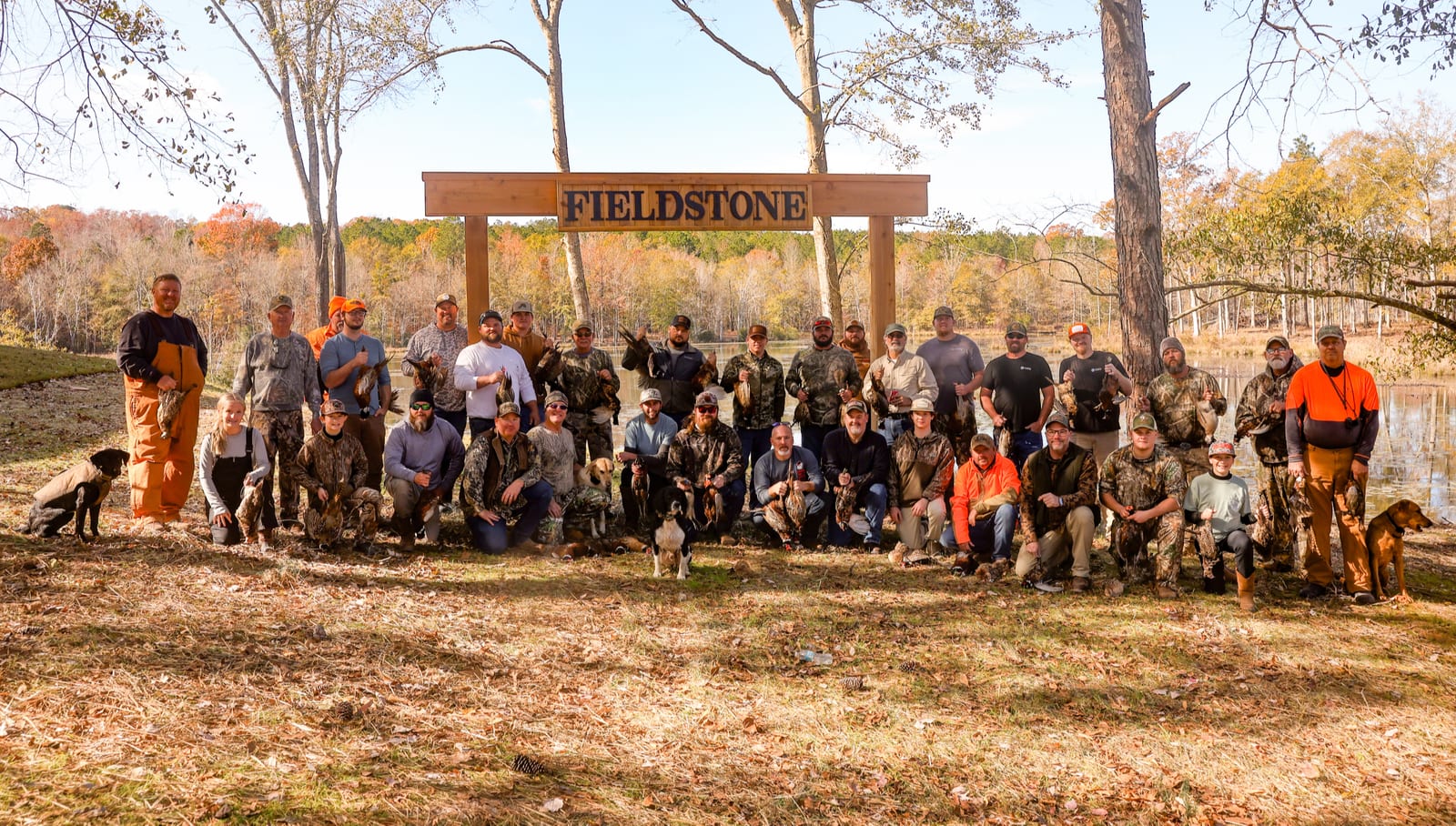 A large group of hunters and dogs pose with harvested northern bobwhite quail in a field with a 'FIELDSTONE' sign in the background.