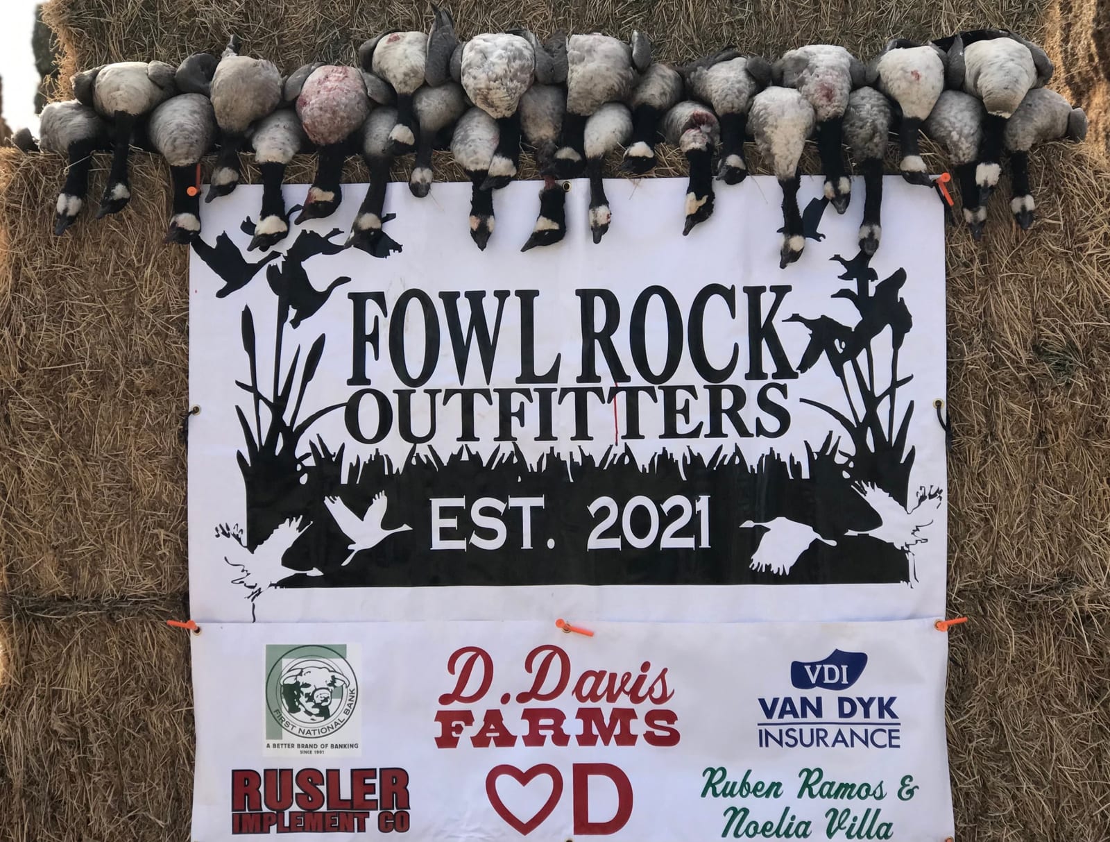 Harvested snow geese are displayed above a Fowl Rock Outfitters banner against hay bales.
