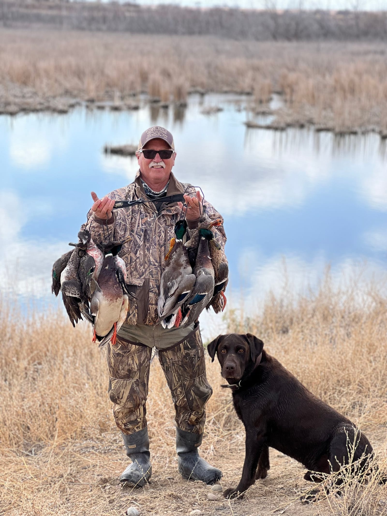A hunter in camouflage holds several harvested mallard ducks, with a chocolate Labrador retriever sitting beside him, by a marshy body of water.