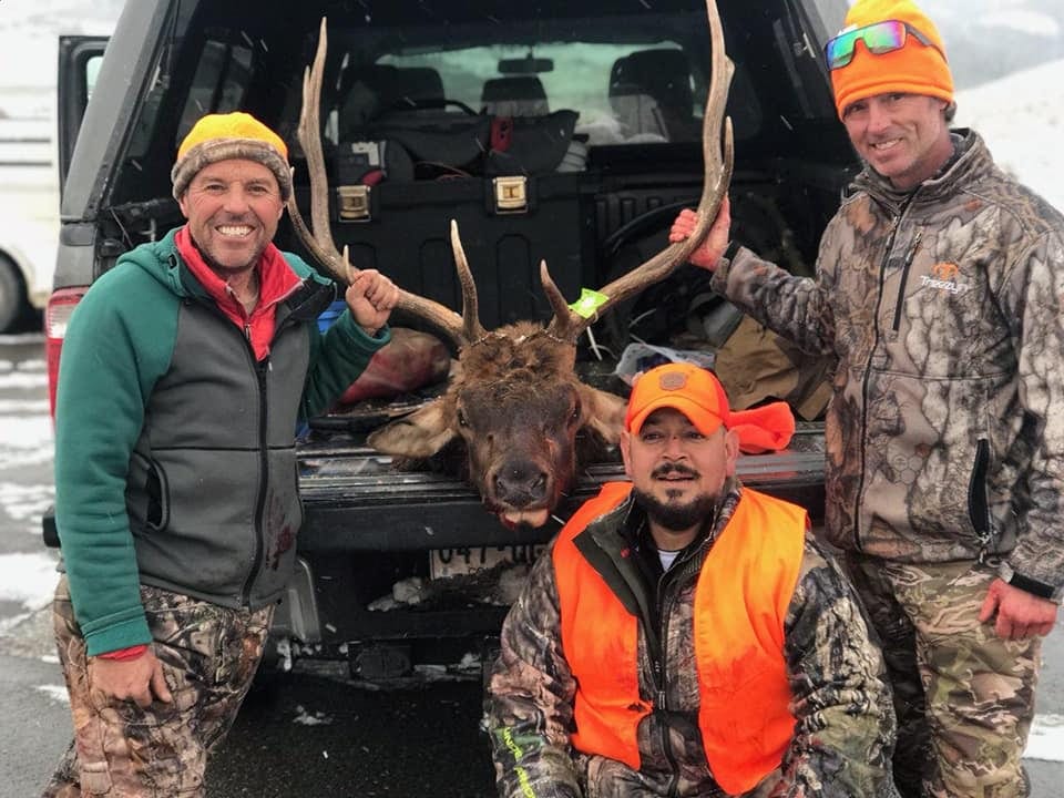 Three hunters pose with a harvested elk in the back of a truck.