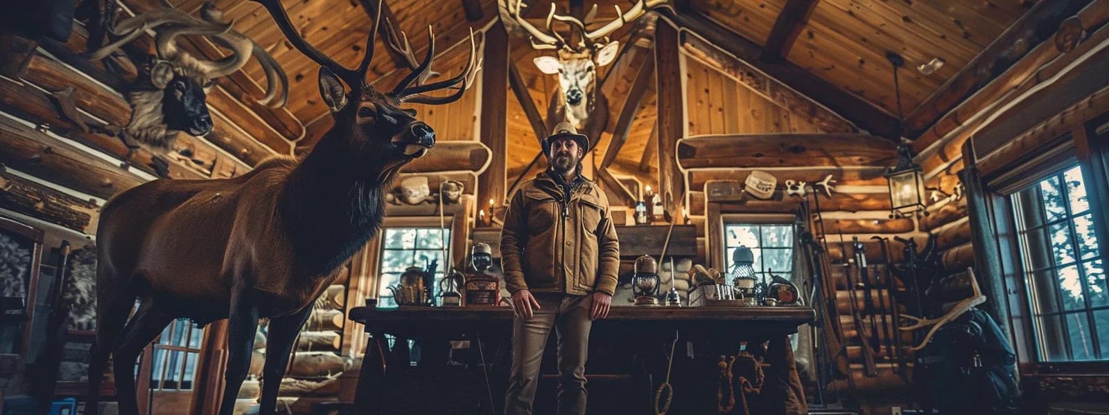 a skilled hunter stands proudly beside a majestic trophy elk in a rustic, well-appointed hunting lodge, with warm wood tones and gear elegantly arranged, capturing the essence of a premier guided hunting experience.