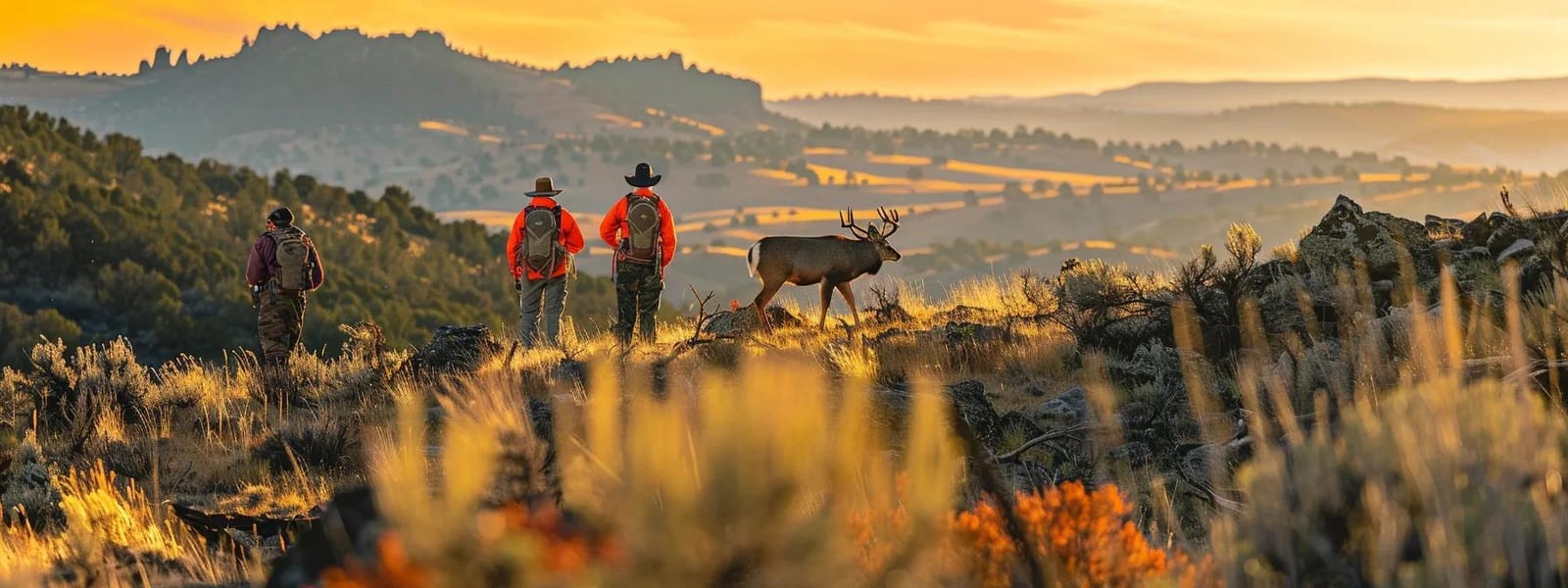 a thrilling guided hunt unfolds in a rugged terrain, where expert hunters strategically observe a majestic trophy mule deer in the distance, surrounded by the rich textures of the wilderness under a crisp, clear sky.
