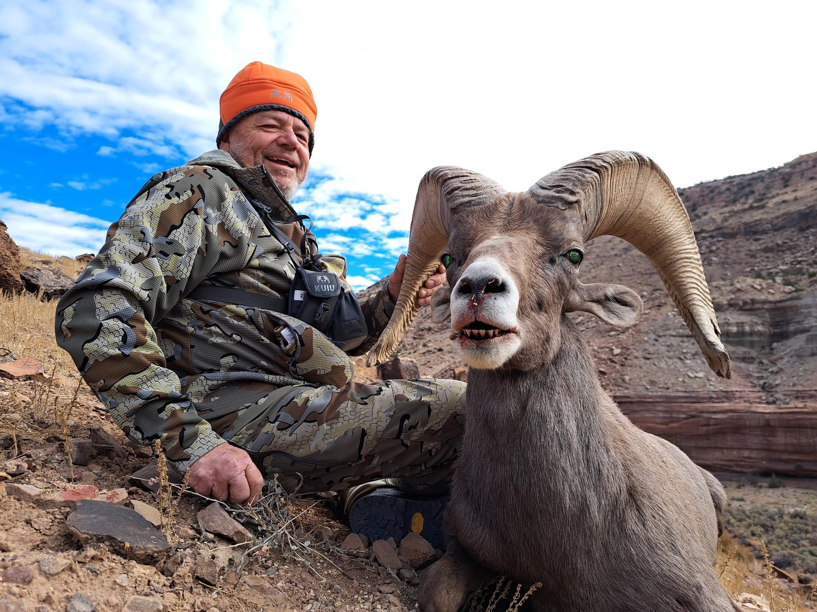 Person in camo outfit sitting beside a bighorn sheep in a rocky desert landscape.