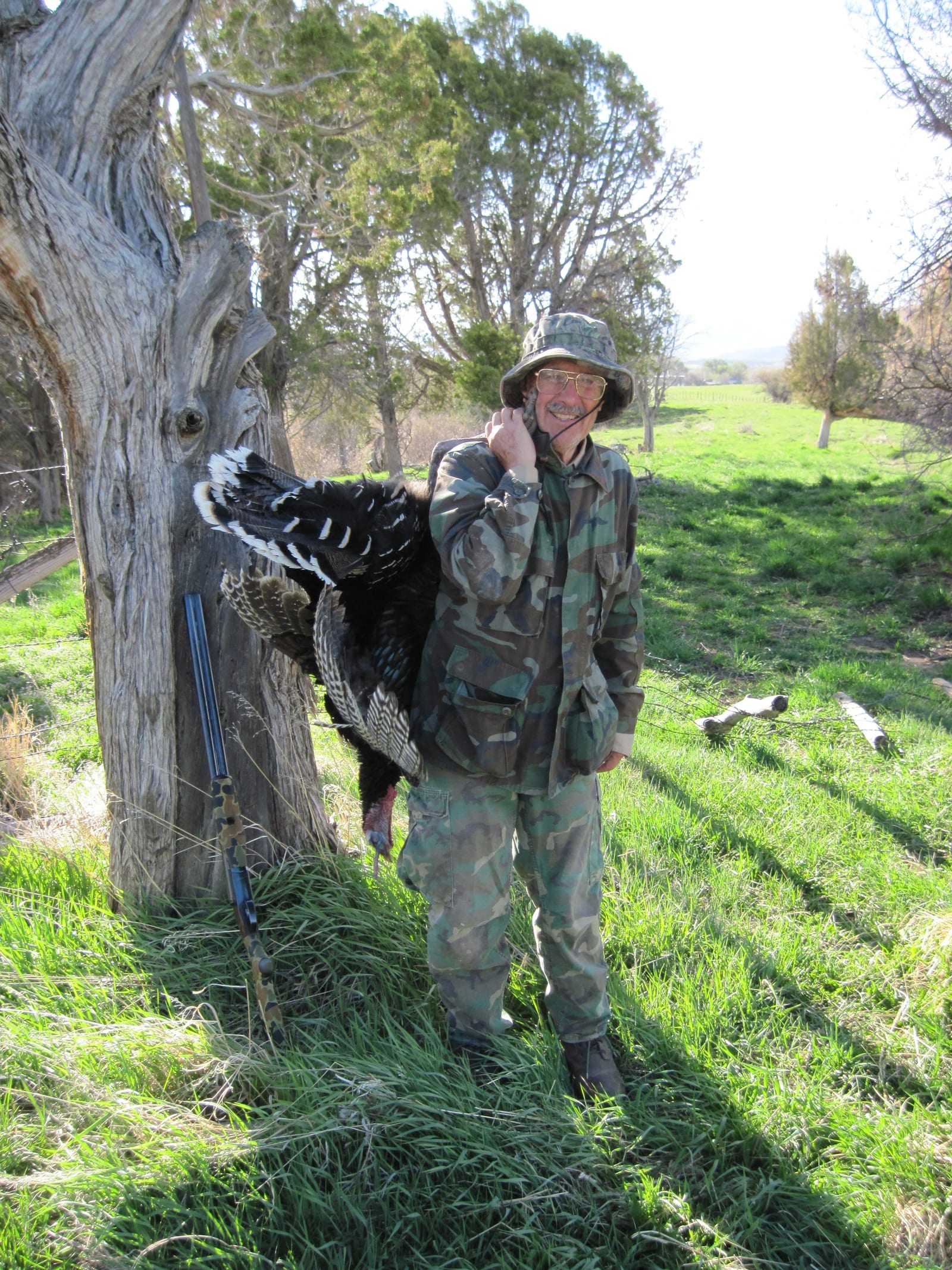 A person in camouflage holding a turkey outdoors next to a tree with a shotgun.