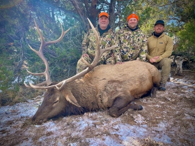 Three hunters in camouflage gear posing with a large elk in a snowy forest setting.