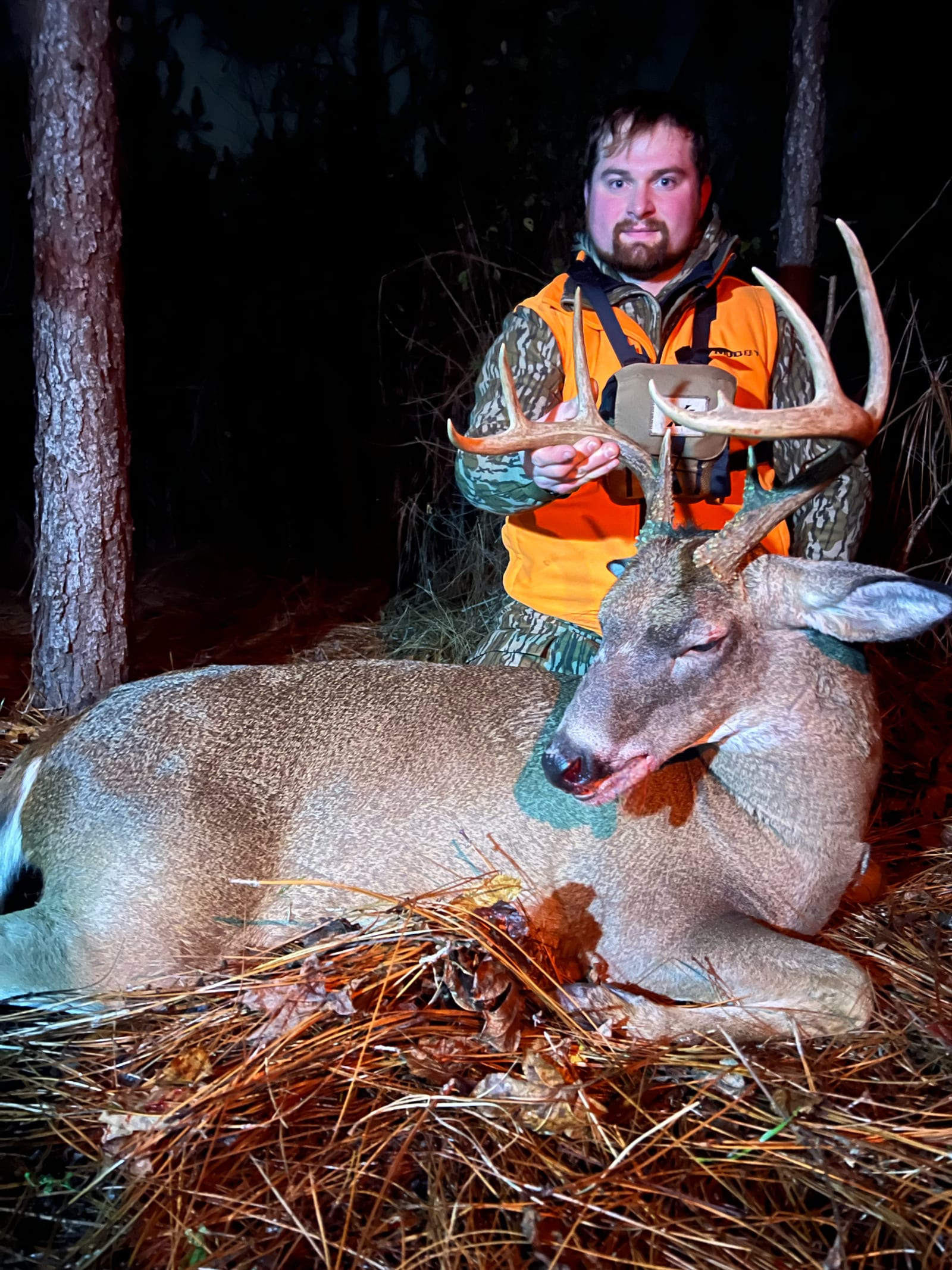 A hunter in camouflage and an orange vest poses with a harvested whitetail deer at night.