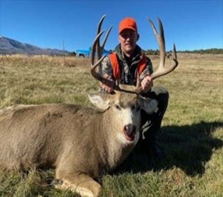 A hunter in an orange hat and vest kneels next to a harvested mule deer with large antlers in a grassy field.
