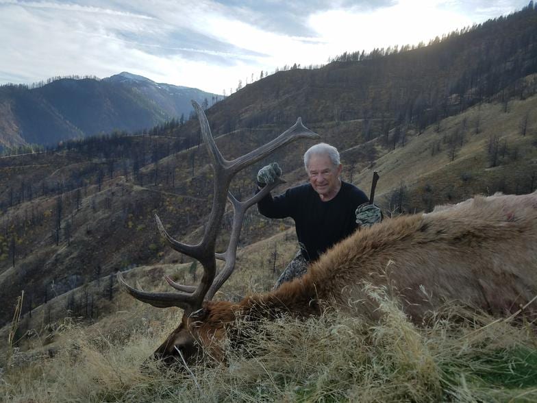 A man poses with a harvested elk on a hillside with mountains in the background.