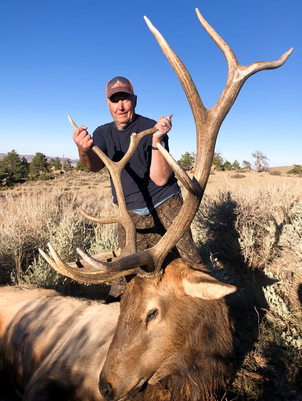 A hunter poses with a harvested elk in a field under a clear blue sky.