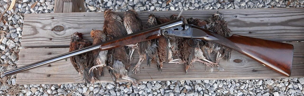 A vintage side-by-side shotgun laid across a row of harvested quail on a board