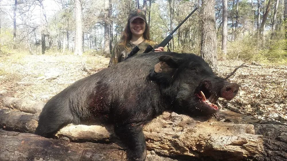 Hunter with wild boar in forest.