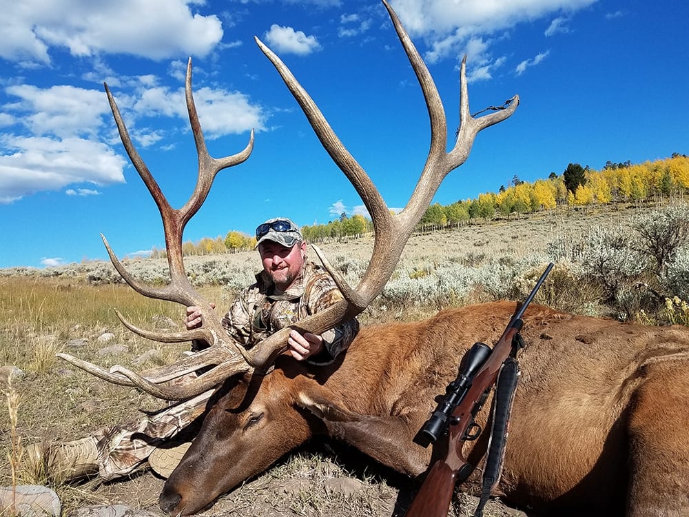 A hunter poses with a harvested elk and a rifle in a field with autumn trees in the background.