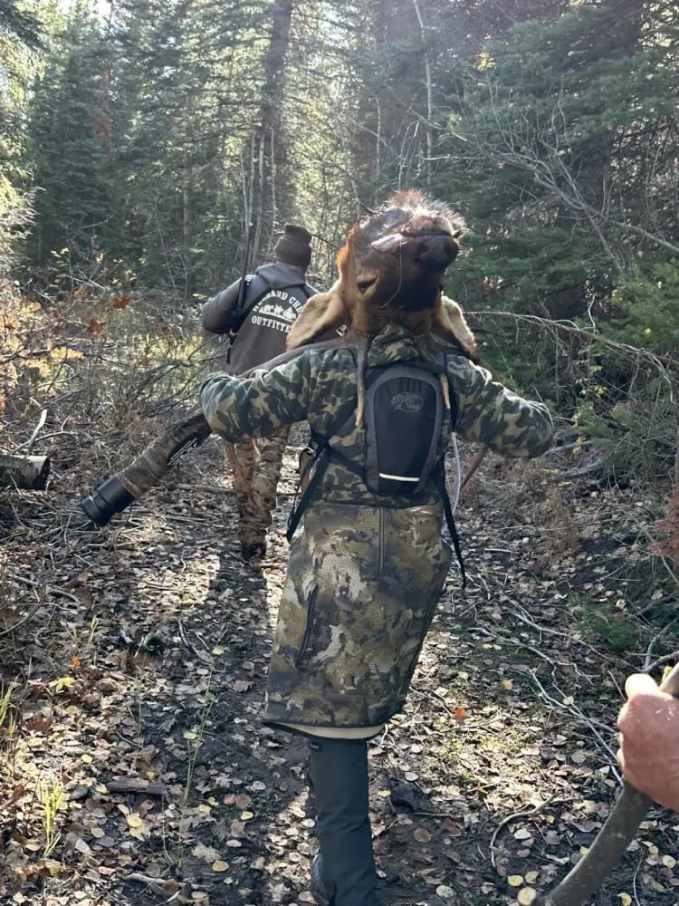 A person in camouflage carries the head of a harvested elk through a forest, followed by another person.