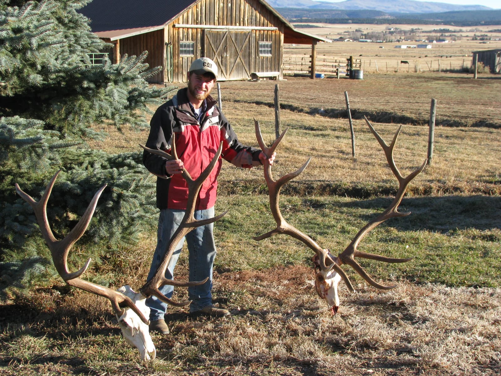 Man in jacket holding two large elk skulls with antlers in a rural farm setting.