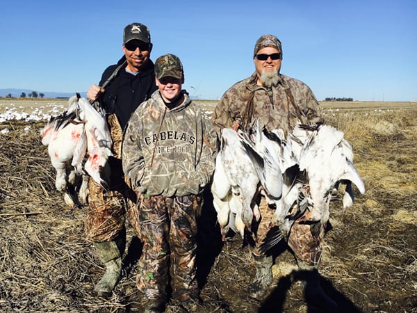 Three hunters pose with harvested snow geese in a field.