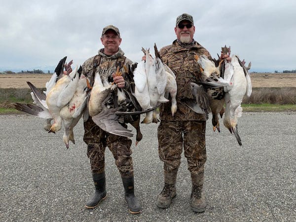 Two hunters pose with their harvested snow geese and white-fronted geese.