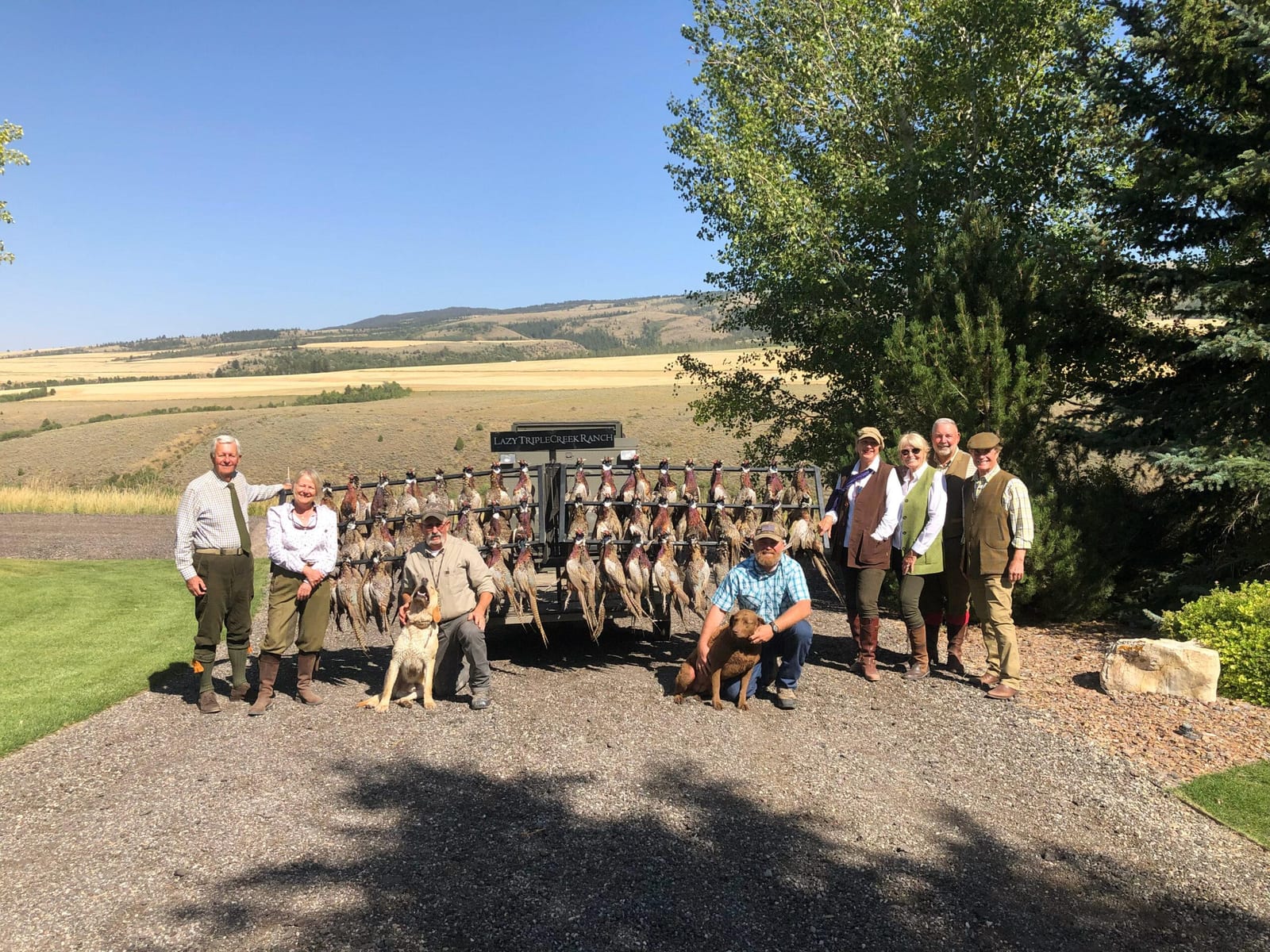 Group of Hunters with Dogs and Pheasants After European Pheasant Hunt at Lazy Triple Creek Ranch in Idaho