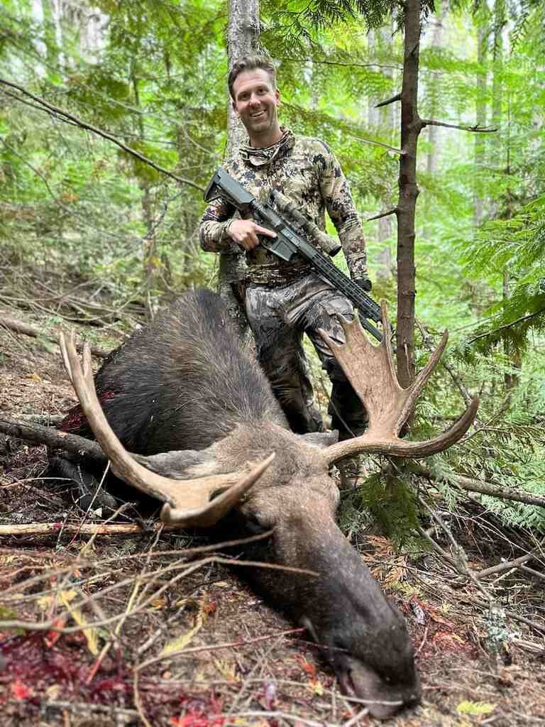 A hunter poses with a harvested moose in a forest.