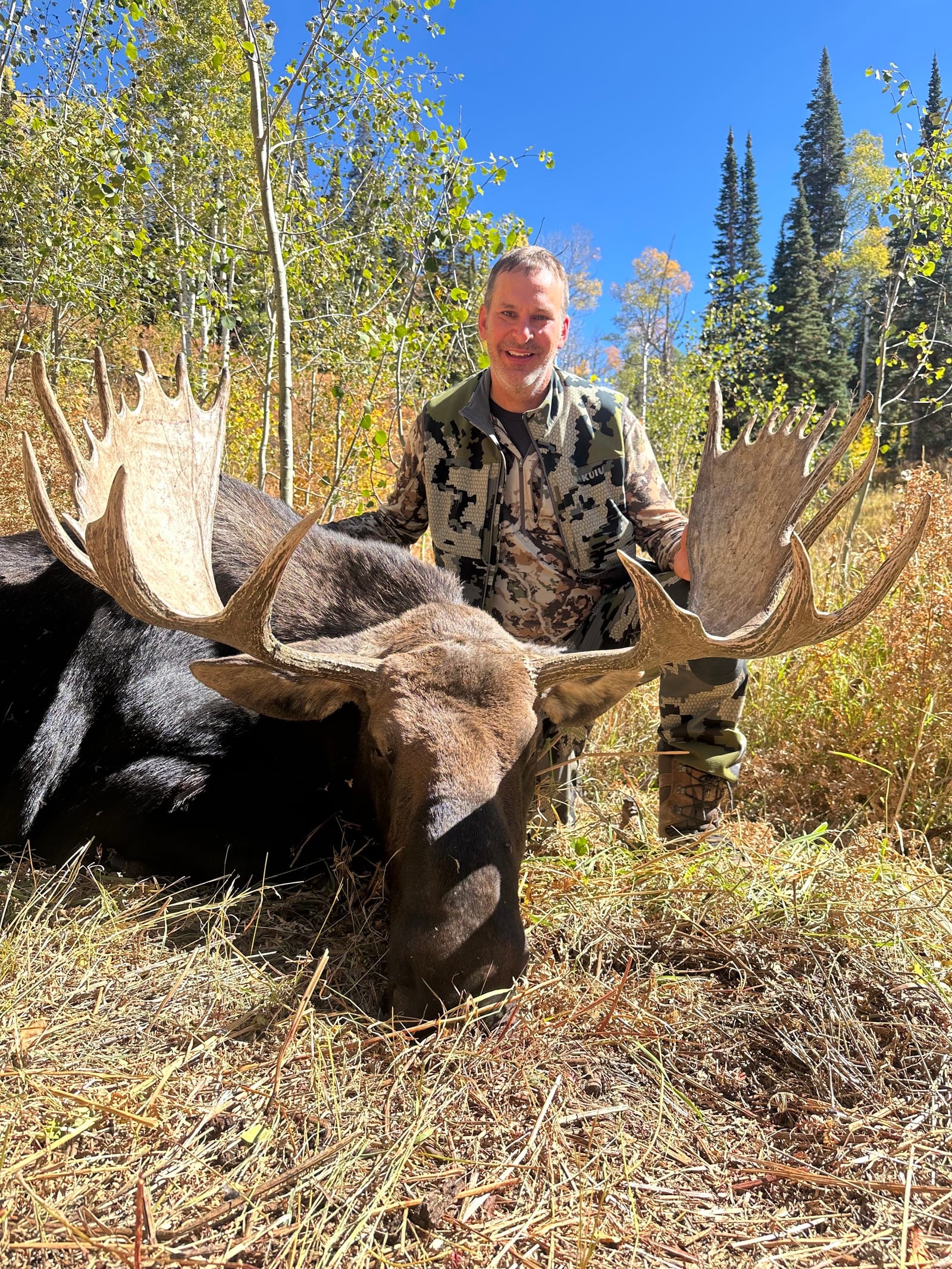 A man in camouflage clothing kneels beside a freshly hunted moose with large antlers in a forest clearing, smiling at the camera under bright blue skies.