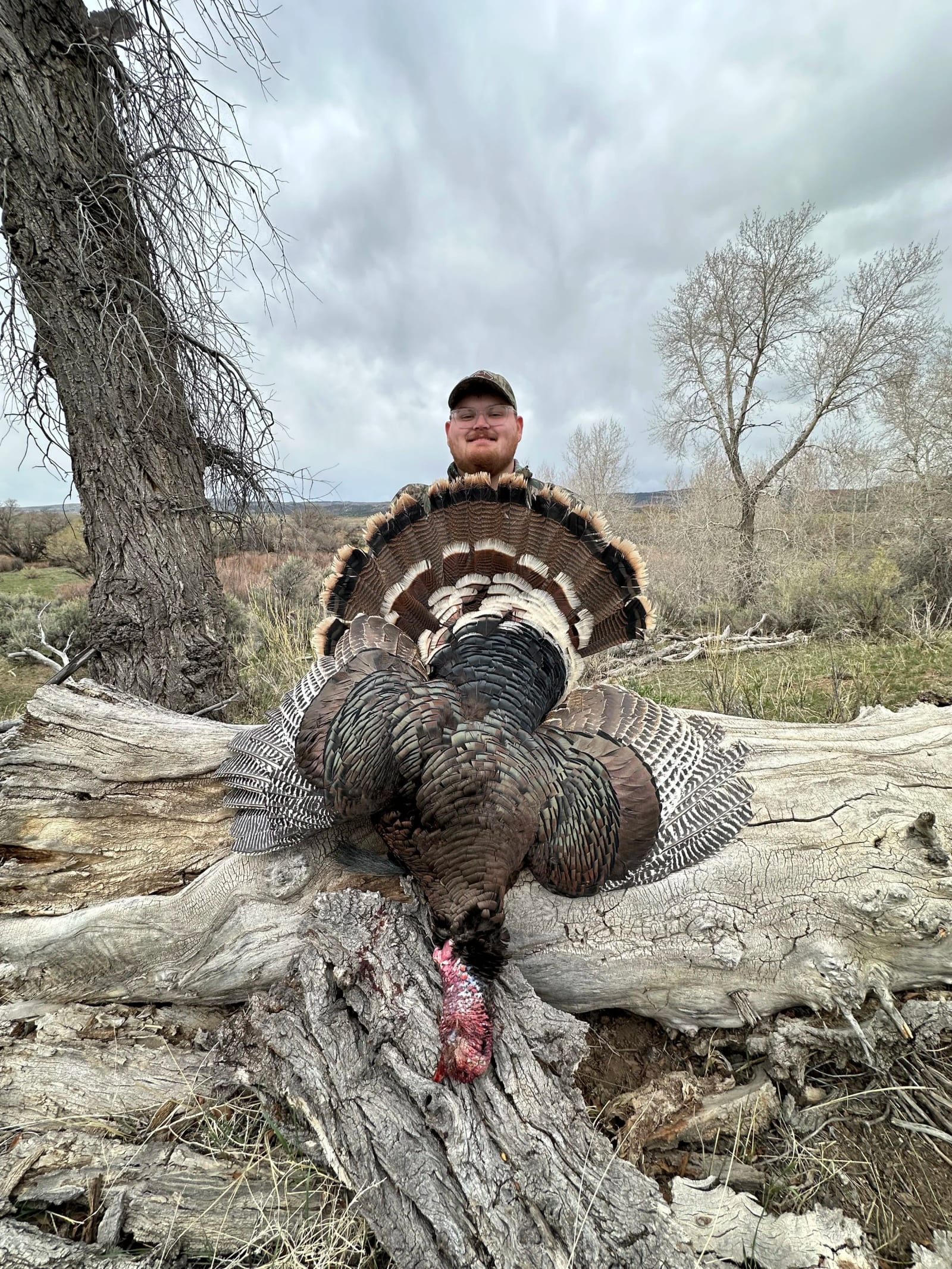 A man smiling behind a large harvested turkey laid on a fallen tree in an outdoor rural setting with trees and cloudy sky.