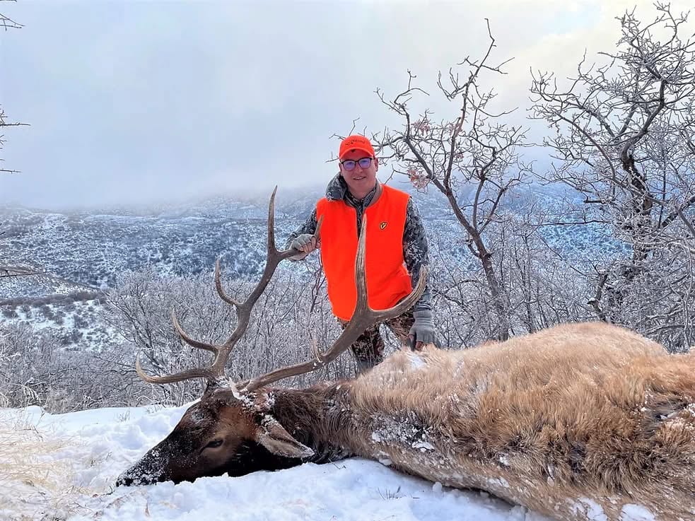 A hunter in an orange vest poses with a harvested elk in a snowy, mountainous landscape.