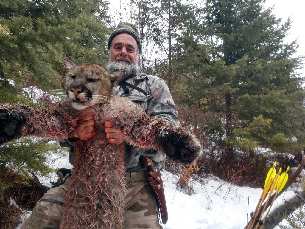 A hunter holds a harvested mountain lion in a snowy, wooded area.