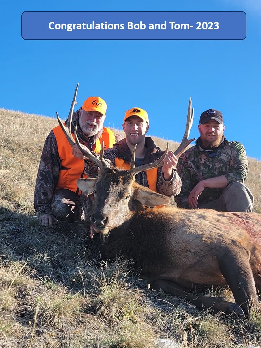 Three hunters pose with a harvested elk on a grassy hillside, with a text overlay reading 'Congratulations Bob and Tom - 2023'.