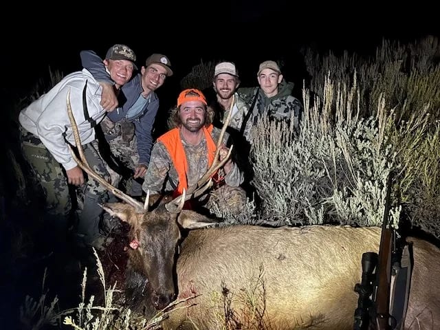 Five hunters pose with a harvested elk at night.