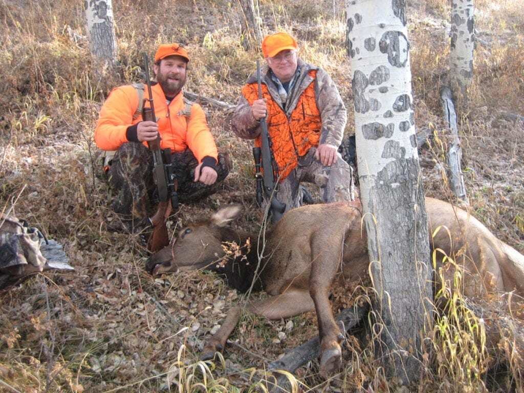 Two hunters in orange vests pose with a harvested elk in a wooded area.