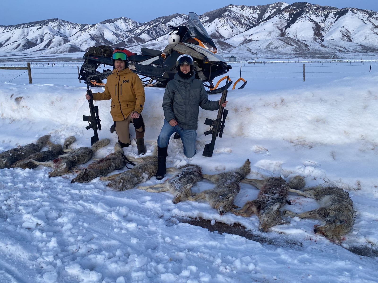 Two hunters pose with their harvested coyotes and a snowmobile in a snowy, mountainous landscape.